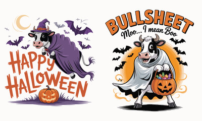 Fototapeta premium Happy Halloween Cow Flying on a Broomstick with Trick or Treat Bag, Surrounded by Bats, Spider Webs, and Full Moon, Perfect for Fun Halloween Party Designs and Illustrations