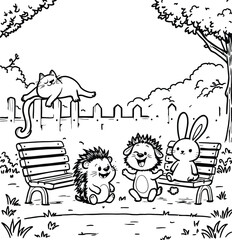 Furry Park Reunion  Monochrome Illustration of Hedgehogs and Rabbit Sitting on Benches with Lounging Cat, Trees, Fence, and Bushes in Cozy Scene