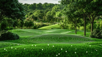 Serene Green Landscape with Curved Patterns and Lush Trees