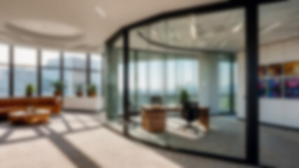 Blurred Modern Open Space Office With Glass Walls and Efficient Workplace Setup