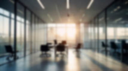Blurred Modern Open Space Office With Glass Walls and Efficient Workplace Setup