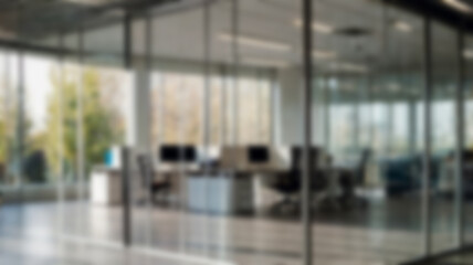 Blurred Modern Open Space Office With Glass Walls and Efficient Workplace Setup