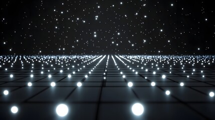 Networked luminous spheres on a grid pattern.