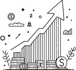 Wealth in Motion  Monochrome Illustration Featuring Coin Stacks, Rising Bar Graph, Dollar Icons, and Wellness Symbols for Growth Concept