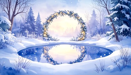 Winter wonderland scene with glowing wreath