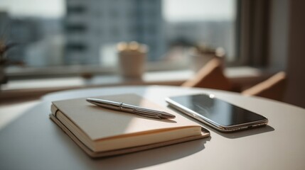 Modern Workspace Essentials Notebook, Pen, and Smartphone
