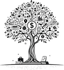 Money Tree of Growth  Monochrome Illustration of Finance Icons Sprouting from Tree Branches with Books, Briefcase, and Roots Symbolizing Wealth