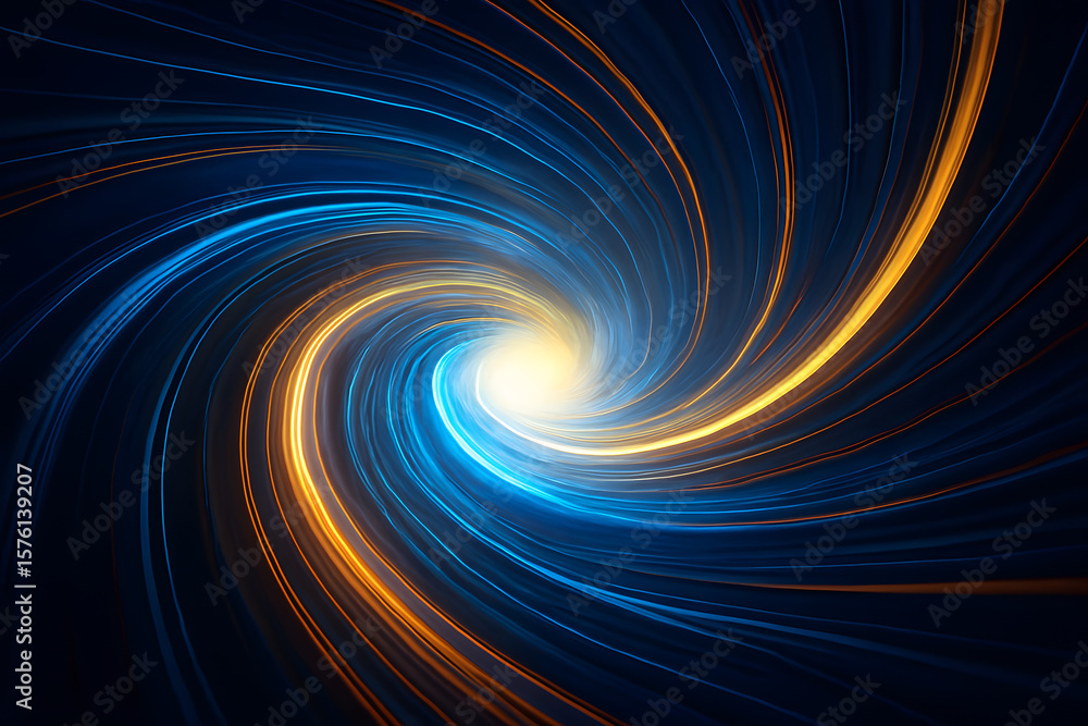Poster a dazzling vortex of swirling blue and orange light lines converges to a bright central point, creat
