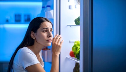 Woman looking into a fridge at night, troubled expression