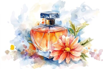 Watercolor composition sophisticated perfume bottle and flowers with retro aesthetics, emphasizing timeless elegance and feminine charm, suitable for print materials, posters and invitations