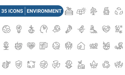 Environment Web Icons Set in Line or outline Style related to Environment. Icons for web and mobile app. Linear icons collection. Editable strokes. Vector illustration.