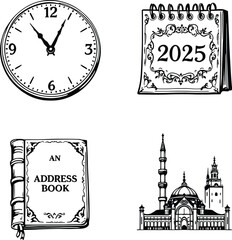 Timelines & Spaces — Monochrome Icon Set Featuring Clock, 2025 Calendar, Address Book, and Architectural Landmark Symbolizing Planning & Culture