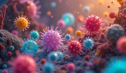 Fototapeta premium Colorful 3D Virus Cells Under Microscope – Medical Sci-Fi Concept