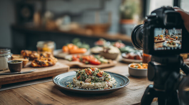 Food vlogger photographing meal