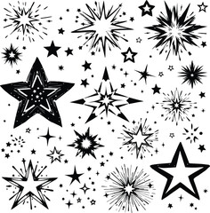 Celestial Accents  Monochrome Star Icon Set Featuring Solid Shapes, Outlined Forms, Decorative Bursts, and Stylized Variations