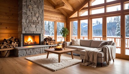 Cozy winter cabin living room