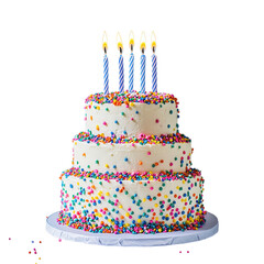 Festive tiered cake with colorful sprinkles and lit candles isolated on a transparent background birthday