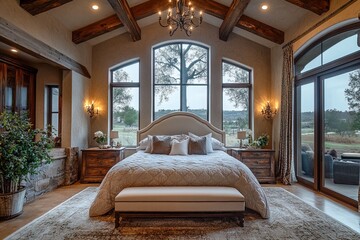 Bright master bedroom scene with large bed dressed in light colored bedding, surrounded by minimalist decor and sunlit windows