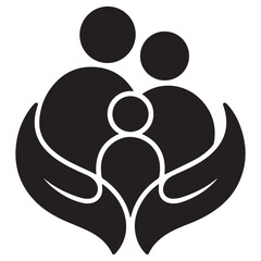 Stylized black icon of a family of three protected by two caring hands forming a shield shape