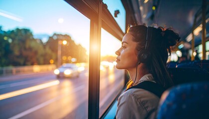 Woman on bus, sunset view