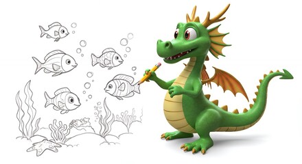 Cartoon dragon drawing fish