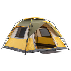 A camping tent with three people inside, solid-colored fabric and a gray-green patchwork ground mat, a light yellow tent body, front view, isolated on a transparent background in PNG format.