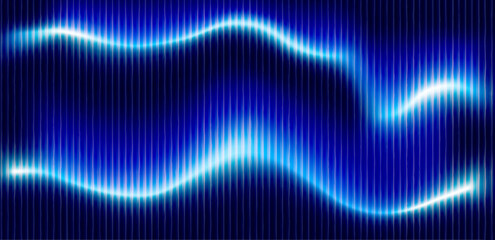 Blurred Gradient Blue Background with Glowing Fractal Glass Effect and Luminous Waves in Horizontal Format. Vector illustration
