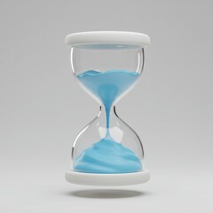 Hourglass with blue liquid flowing from the top chamber to the bottom, against a plain white background.
