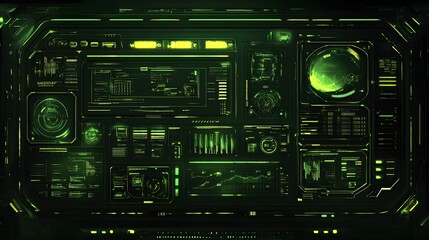 Futuristic control panel with glowing green displays.