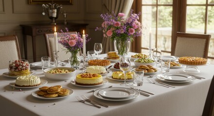 An elegant dining table, laden with diverse gourmet dishes & floral arrangements, set for a formal gathering, illuminated by candlelight