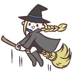 はりきってほうきに乗る魔女のイラスト