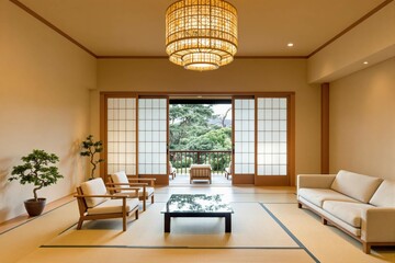 Salon Japonais, maison japonaise intérieur avec vue sur jardin