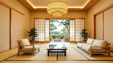 Salon Japonais, maison japonaise intérieur avec vue sur jardin