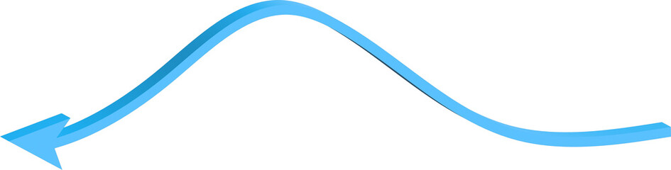 Abstract blue arrow curving upwards then downwards on a white background