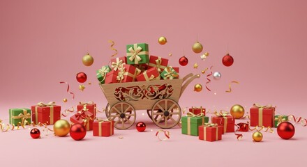 Naklejka premium A wooden wagon overflowing with wrapped gifts on a pink background, surrounded by scattered ornaments, ribbons, and presents