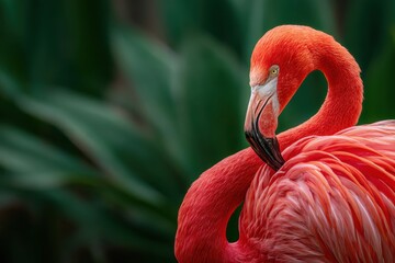 A close up of a flamingo preening itself with green foliage in the blurred background outdoors shot
