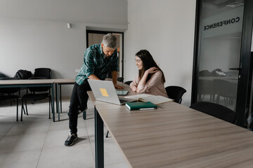 Two professionals discussing a project while using a laptop and documents in an office