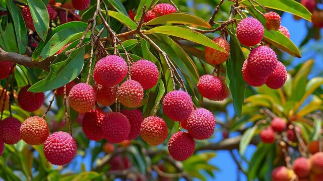 red lychee ripe on tree at orchard