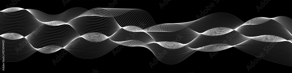Aufkleber abstract flowing white wave lines on black background. dynamic 3d wireframe pattern ideal for techno