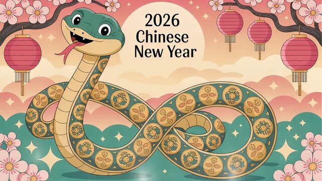 2026 Chinese New Year cartoon snake with patterned border