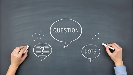 Hands holding chalk writing question and dots on a blackboard