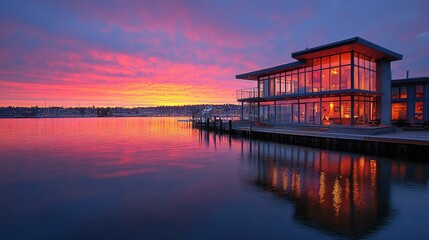 Fototapeta premium Modern waterfront home at sunset reflecting in still water.