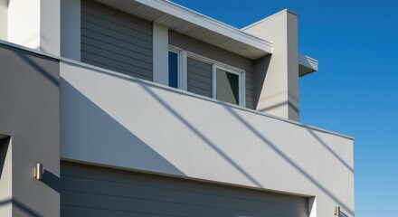 Modern building facade featuring layered geometric forms, contrasting gray and white panels, a bright blue sky, and window details