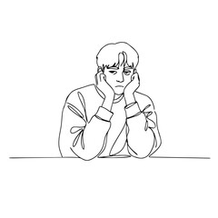 Young man looking sad while resting hands on chin in minimalist style  