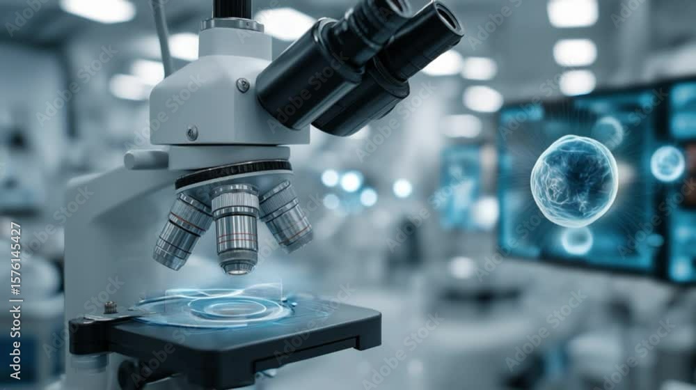 Poster futuristic high tech laboratory advanced microscopes analyzing cells with digital screens displaying