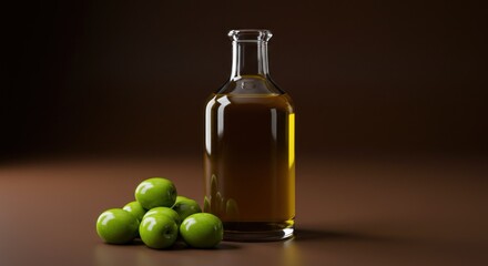 A clear glass bottle filled with amber liquid stands before a small pile of green, glossy spheres, all resting on a brown surface