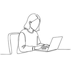 Woman working on laptop while sitting at a desk in minimalist style  