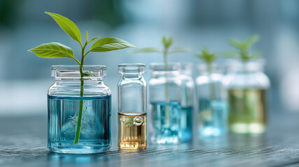 Series of glass jars containing colorful liquids and small plants symbolize biotechnology innovation and research. vibrant setup suggests focus sustainable development and scientific exploration