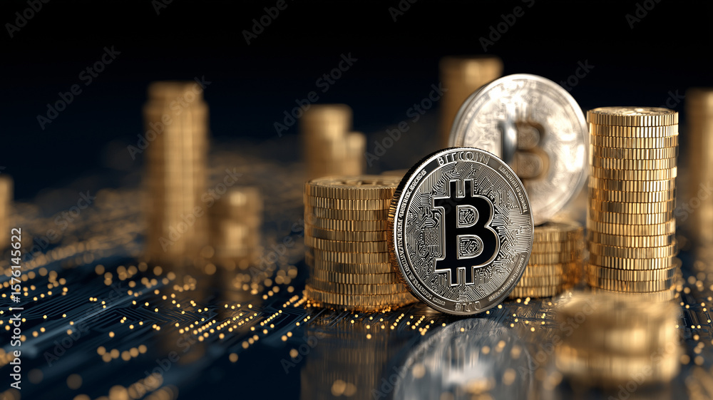 Aufkleber stacks of golden coins with prominent bitcoin symbol are displayed digital circuit board, symbolizin