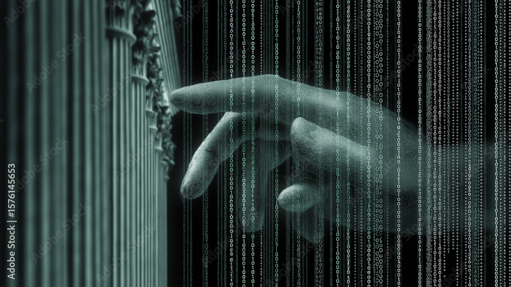 Poster digital hand interacts with virtual data streams, symbolizing intersection of technology and finance